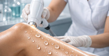 Close-up of a professional esthetician's hands performing a waxing treatment on client's skin, with bottles of pre-wax and post-wax care products in the background.