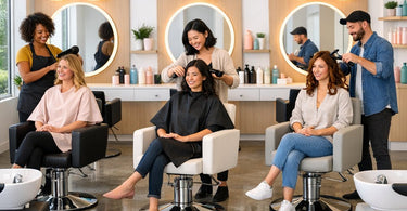 Aesthetic image showing weight distribution concept on a salon chair with a stylist and client, highlighting stability and ergonomics for professional beauty environments.