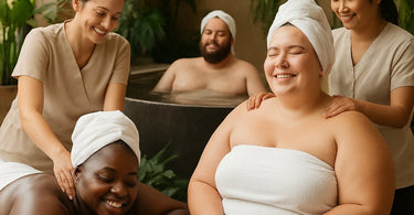 A compassionate esthetician comforting a client during a spa treatment, symbolizing body positivity in the beauty industry
