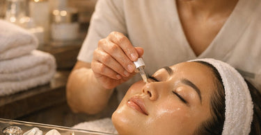 A serene spa setup displaying the steps of a K-Beauty layering routine, with bottles, serums, a sheet mask, and tools neatly arranged on a towel.