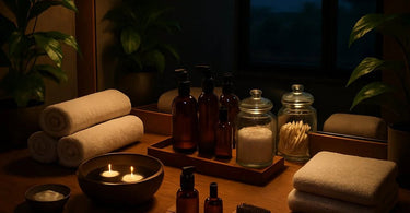 A perfectly organized and clean spa station at the end of the day, with tidy tools and a serene atmosphere