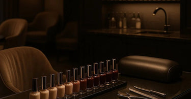 A top-down view of a spa manicure in progress, showing a nail technician's hands performing a secret combination treatment on a client.