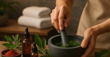 An esthetician skillfully mixing custom facial mask blends in a spa treatment room