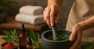 An esthetician skillfully mixing custom facial mask blends in a spa treatment room