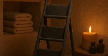 Spa reception area with a neat magazine rack and organized retail products, showcasing a serene and clutter-free environment