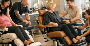 Illustration of a salon chair surrounded by icons representing different beauty services, highlighting the need for specialized chairs.
