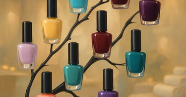 A vibrant assortment of nail polish bottles organized by color family, showcasing tones and shades from light to dark