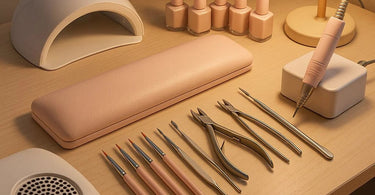 Nail technician working with precision tools under magnifying lamp for perfect nail art