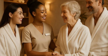 A spa professional warmly greeting a client in a beautiful salon setting, symbolizing personal connection and customer service excellence.