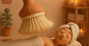 Professional spa technician performing a final neck dust cleanup on a client after a facial treatment