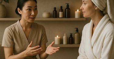 Spa professional using visual aids and non-verbal communication during a client consultation in a modern spa setting