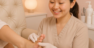 A professional nail technician performs a careful foot inspection during a pedicure service in a clean, modern spa setting