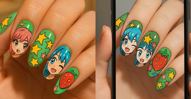 Comparison showing the same nail design as it appears on a phone screen versus in real life on a client's hand