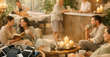 A serene spa treatment room with a client relaxing on a massage table, a smartphone placed face-down and out of reach in a decorative wooden box, symbolizing digital detox.