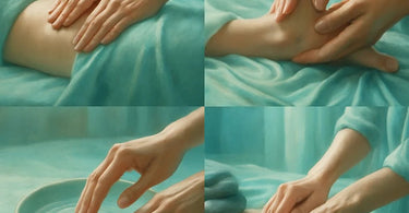 A spa professional's hands demonstrating varying angles and pressure during a massage or skincare treatment on a client's back