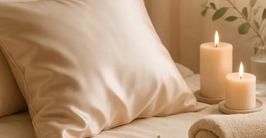 A luxurious silk pillowcase in a spa setting, showcasing its smooth texture and elegant appearance as part of a professional skincare routine