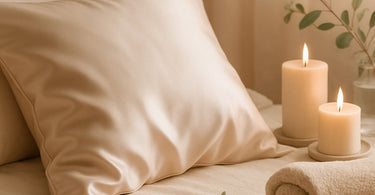 A luxurious silk pillowcase in a spa setting, showcasing its smooth texture and elegant appearance as part of a professional skincare routine