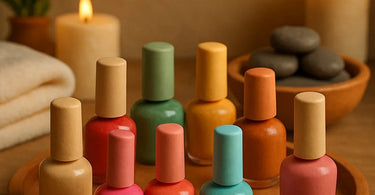 Nail technician holding up two perfect nail polish colors for a client with smiling reaction