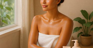 A thoughtful aesthetician in a spa setting gently assesses a client's skin, highlighting professional care and sun damage evaluation.