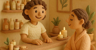 A friendly spa receptionist explaining the cancellation policy to a smiling client at a modern spa front desk