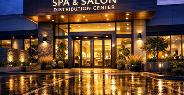 A warm, inviting, and clearly marked spa entrance at dusk, with soft lighting illuminating the sign and pathway