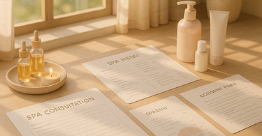A spa professional warmly greeting a client with a digital tablet intake form in a serene treatment room