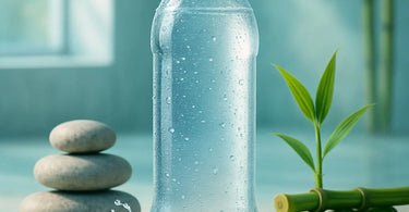 A cold bottle of water with condensation droplets sits on a spa towel next to fresh eucalyptus, representing refreshment and client care in a salon setting.