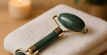 Close-up of a professional esthetician using a cold jade roller on a client's cheek to soothe redness and inflammation after a facial extraction.