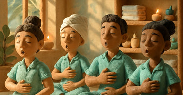 Spa team in uniform taking a deep collective breath together in a treatment room before opening