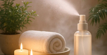 Aesthetician applying a fine, cooling facial mist over a client's relaxed face at the end of a spa treatment
