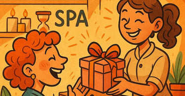 Spa professional handing a client a small gift bag as a thank you after a service