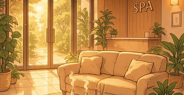 A warm and inviting spa reception area, showcasing the moment of welcoming a client back