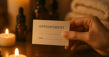 A spa professional's hand writing a personal note on a client's appointment card