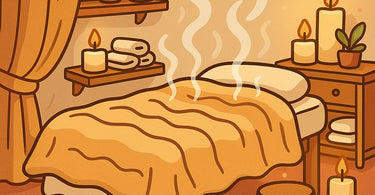 A cozy spa treatment room showing a client comfortably wrapped in a heated blanket during a massage service