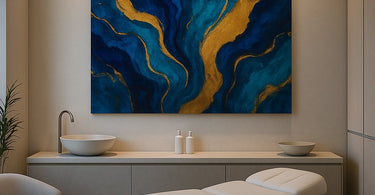 A close-up of a single, striking abstract painting with textured blue and gold tones, representing the transformative power of art in a spa or salon environment.