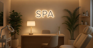 Aesthetician consulting with client about lighting conditions in treatment room with magnifying lamp
