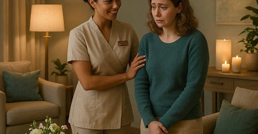 A spa therapist warmly greeting an anxious client in a serene salon reception area