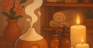 Spa aromatherapy essentials including diffusers, essential oils, and scented candles arranged on a wooden tray