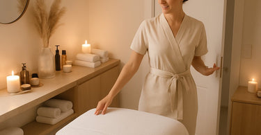 A spa professional typing on a laptop with a smiling client in the background, representing effective post-visit client communication.