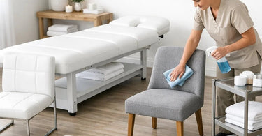 A collection of cleaning tools like a spray bottle and brush arranged neatly on a clean, beige upholstered massage table in a spa, representing the importance of professional furniture maintenance.