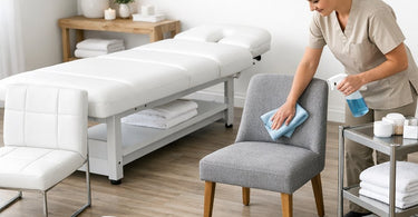 A collection of cleaning tools like a spray bottle and brush arranged neatly on a clean, beige upholstered massage table in a spa, representing the importance of professional furniture maintenance.