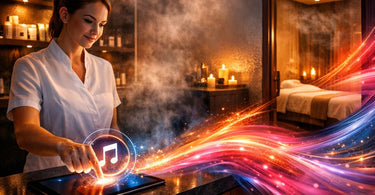 A serene spa treatment room with a client relaxing during a facial, with a tablet showing a music playlist selection screen nearby.