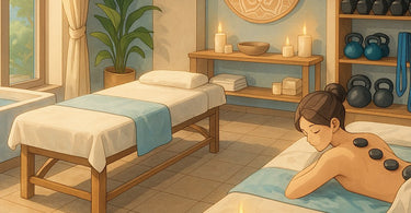 A therapist performing sports massage and stretching on an athlete's leg in a modern, well-equipped spa treatment room.