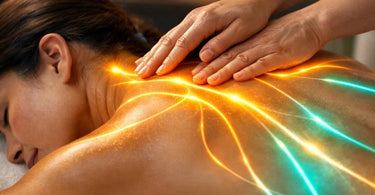 A detailed diagram of the human body highlighting key pressure points and tension pathways along the spine, shoulders, and neck.