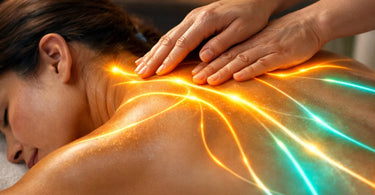 A detailed diagram of the human body highlighting key pressure points and tension pathways along the spine, shoulders, and neck.