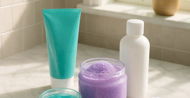 A humorous but relatable image of a bathroom cabinet filled with half-used spa and salon products, representing the product graveyard