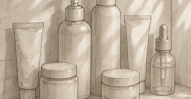 A humorous and relatable image of a bathroom shelf cluttered with half-used beauty products, including a prominent ingrown hair serum bottle, representing the product graveyard.