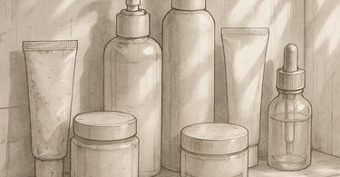 A humorous and relatable image of a bathroom shelf cluttered with half-used beauty products, including a prominent ingrown hair serum bottle, representing the product graveyard.