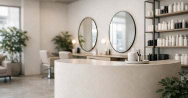 Modern salon interior design featuring a curved white accent wall and sleek, straight-lined salon chairs, illustrating the psychology of curves vs. lines.