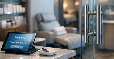 A sleek, modern spa treatment room featuring a clean, white massage table with a folded towel, and neatly arranged professional skincare products, emphasizing pristine high-touch surfaces.